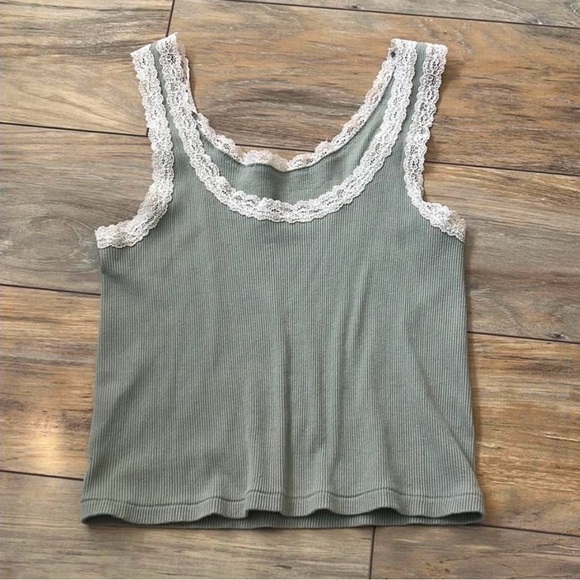 Brandy Melville Lace Trim Ribbed Tank Top - Sage Green - Picture 1 of 3
